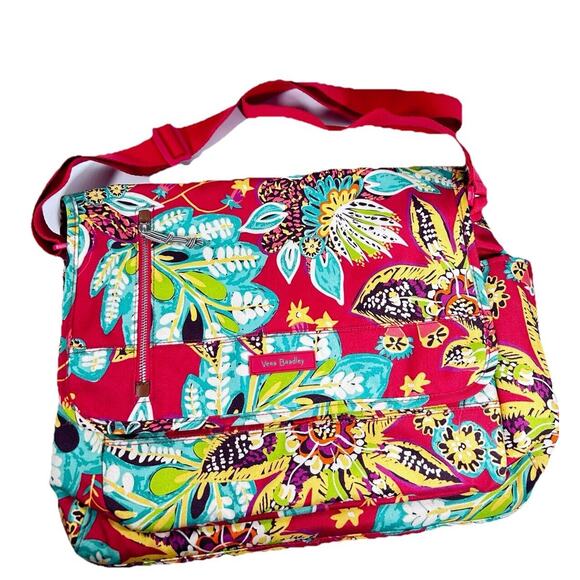 Vera Bradley RUMBA Messenger Laptop Weekender Bag Tropical Floral Pink EUC - Picture 1 of 14